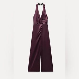 ZARA SATIN EFFECT EGGPLANT RUCHED HALTER JUMPSUIT sz small NWT